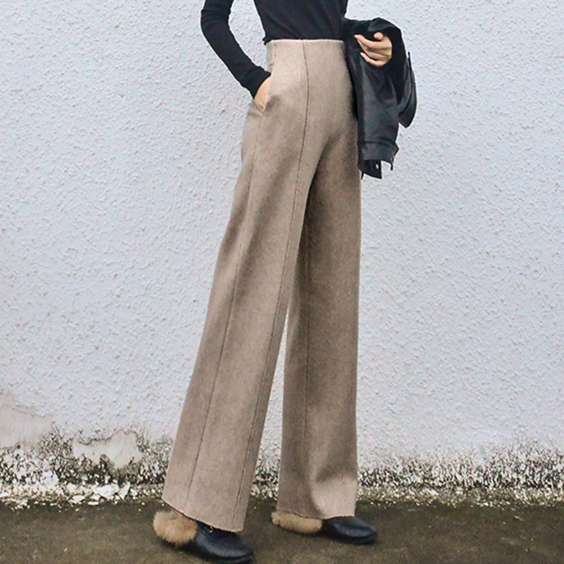 Women'S Woolen Wide Leg Pants 2023 Korean Fashion High Waist Suit Baggy Trousers Ladies Office Plus Size 2xl Winter Pantalones