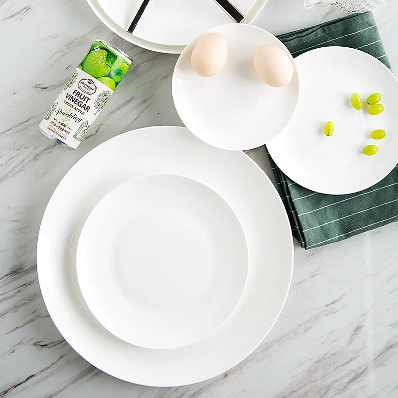 5.5 inch, plain white bone china sushi tray, porcelain dinner plates, a pottery cake dish, crystal clear dessert dishes
