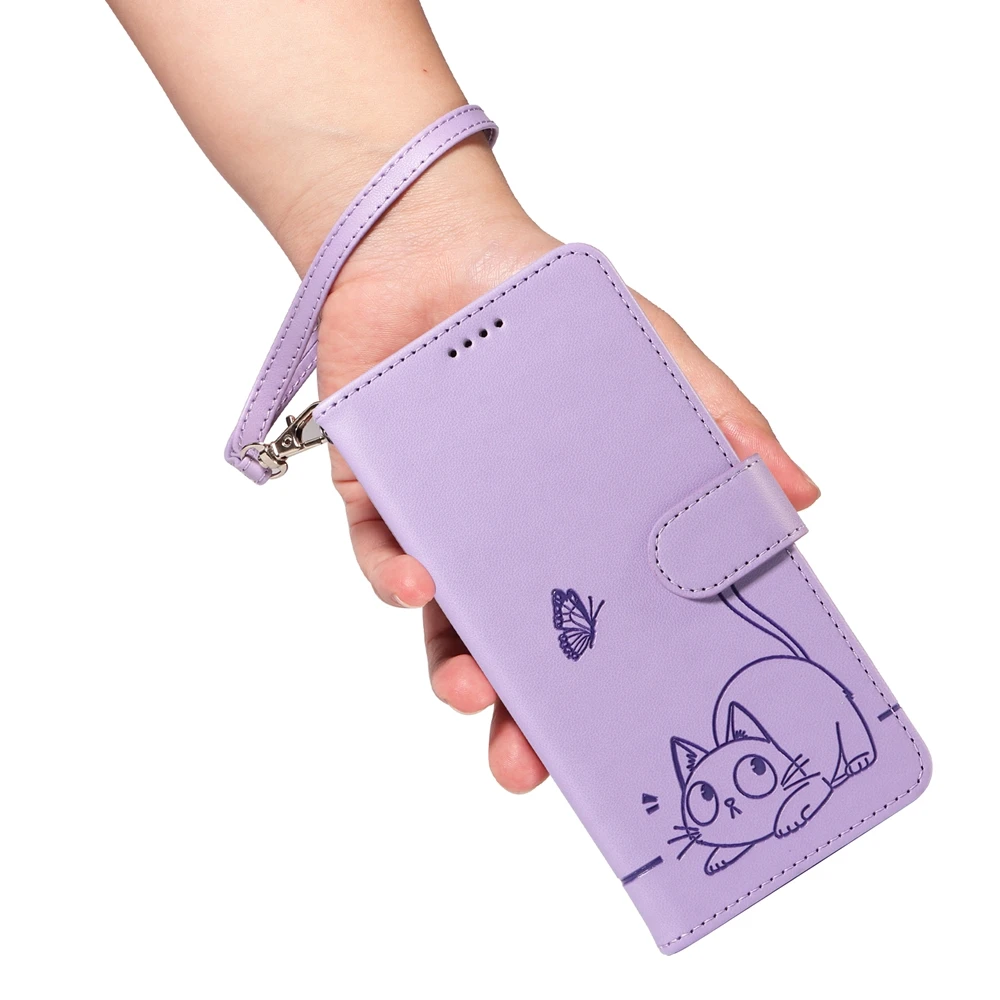 Magnetic Wallet Flip Leather Case with Cat and Butterfly Embossed Design