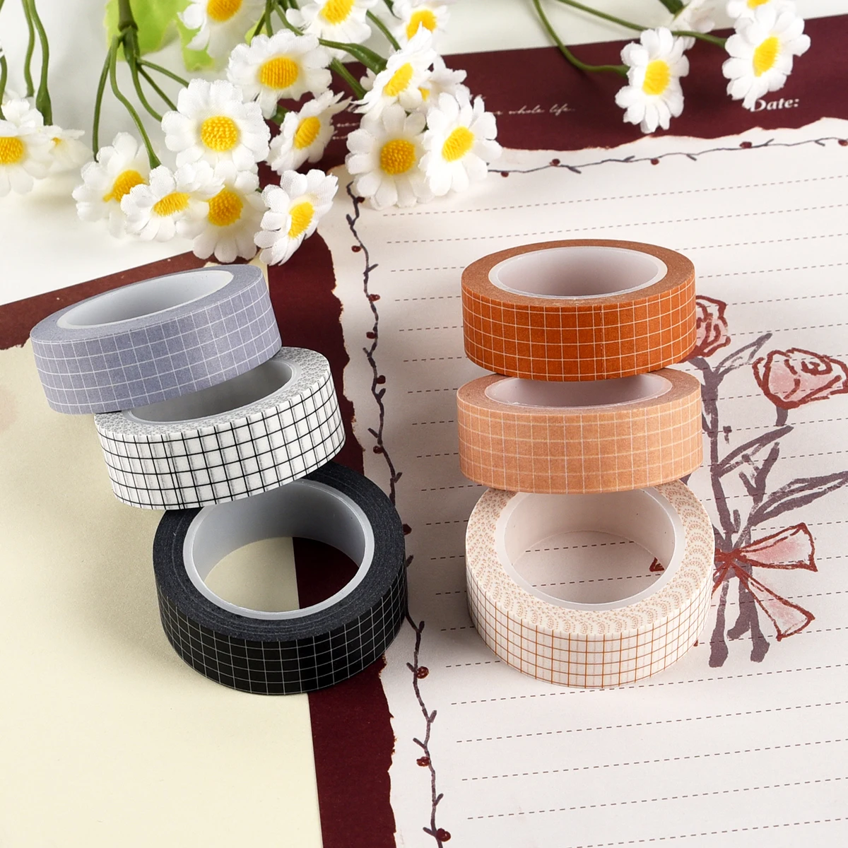 10M Grid Vintage Washi Tape Japanese Paper DIY Planner Masking Tape Adhesive Tapes Stickers Decorative Stationery Tapes 6