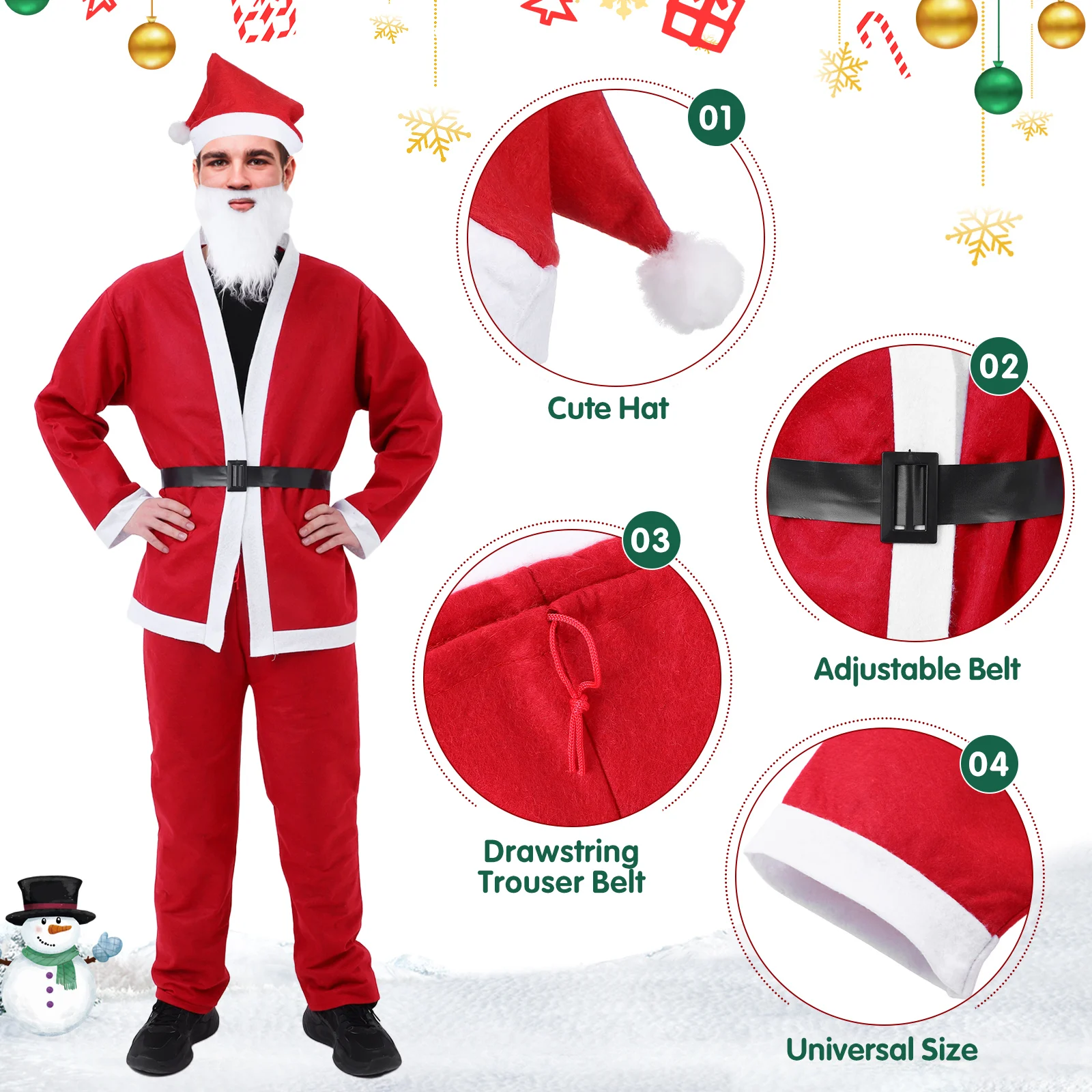 5pcs Men's Santa Claus Costume Hat Beard Belt for Adult Christmas Cosplay Party Fancy Dress Carnival New Year Clothes Set