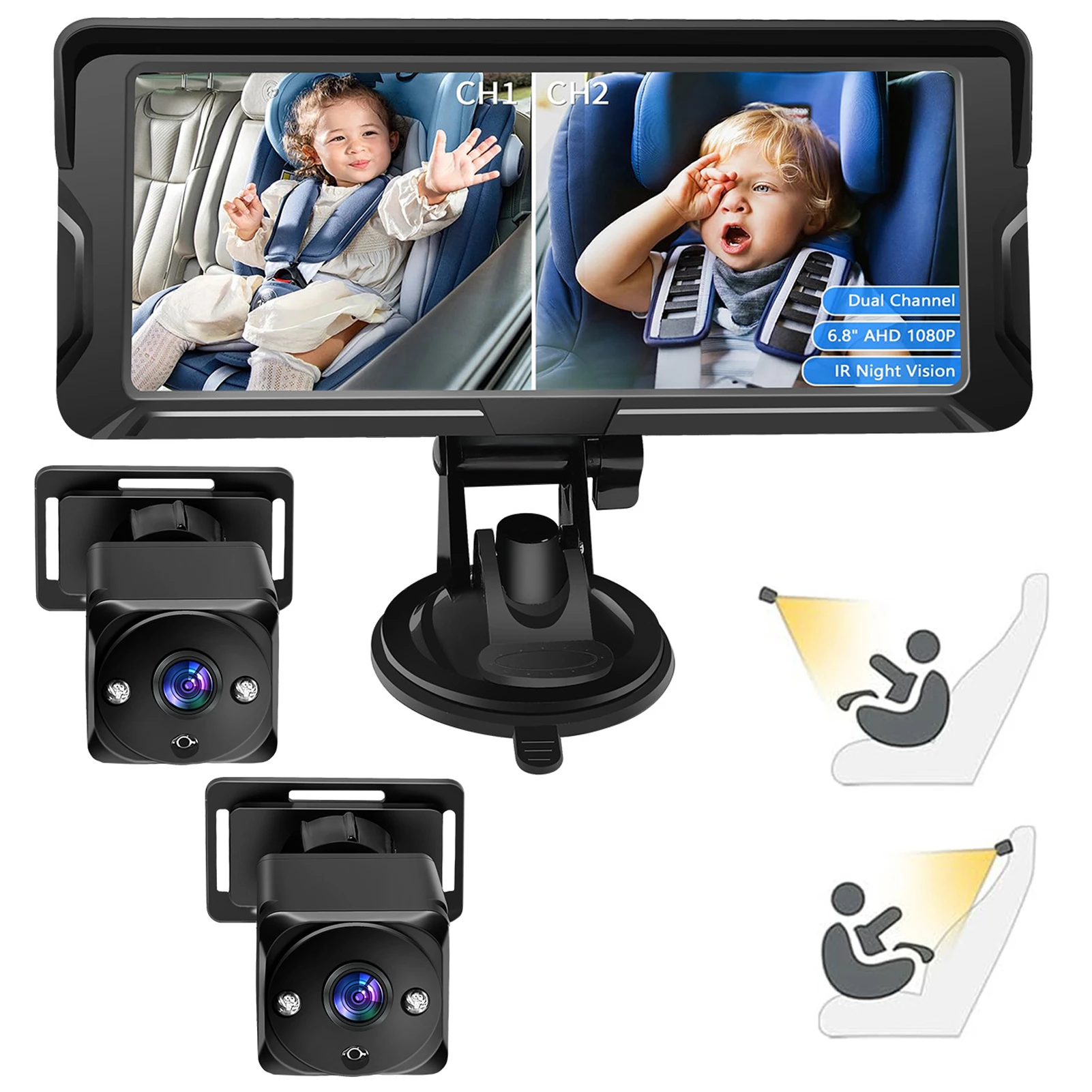 GEARCELL Telecamera Auto Per Bambini 2 Canali - Monitor HD 1080P Da 6,9 Pollici, Visione Notturna IR, Doppia Cam Per Sedili Posteriori, Ampio Angolo