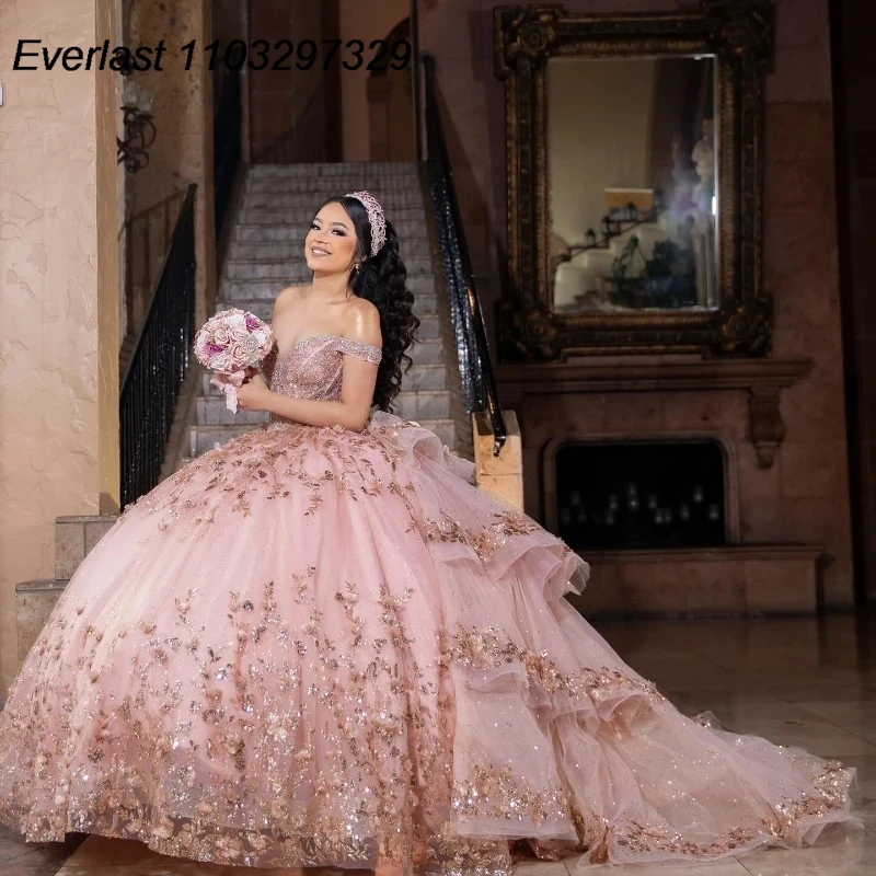 

EVLAST Shiny Pink Quinceanera Dress Ball Gown 3D Lace Applique Beading Tiered Ruffles Corset Sweet 16 Vestidos De 15 Anos TQD750