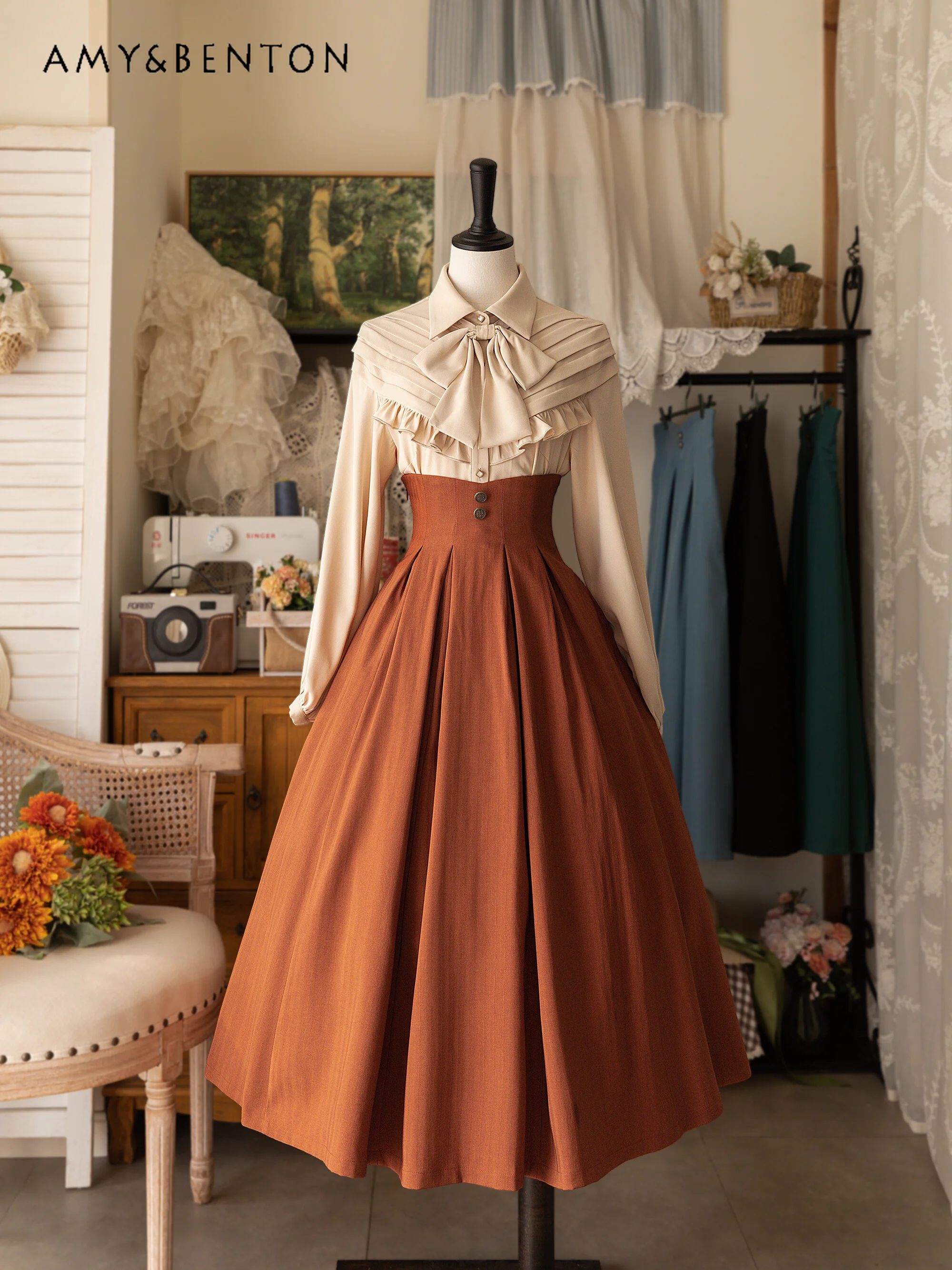 British Retro All Match Classical High Waist Skirt Women Daily Elegant Graceful Lolita Skirt Spring Sweet Slim Midi-calf Skirts wooden ear skirt original elegant retro classical pure color lolita skirt women spring new all match kawaii slim midi calf skirt