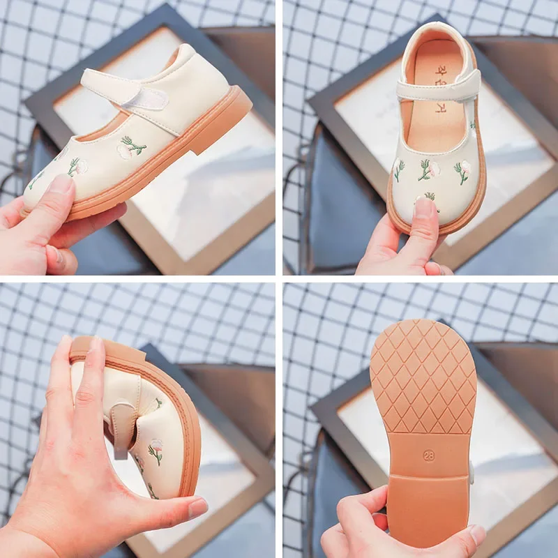 Children's Leather Shoes Vintage Flower Embroidery Cute Simple French Style Girls Casual Shoes 2023 New Kids Fashion Child Shoes