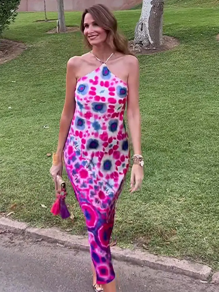 

Contrast Color Print Sling Dress Women Backless Sleeveless Sheath Robes 2023 Summer Female Chic Beach Party Vocation Vestido