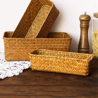 Seagrass Weaving Storage Basket Fruit Bread Snack Storage Box Wicker Woven Rattan Sundries Organizer Makeup Desktop Weave Box 1
