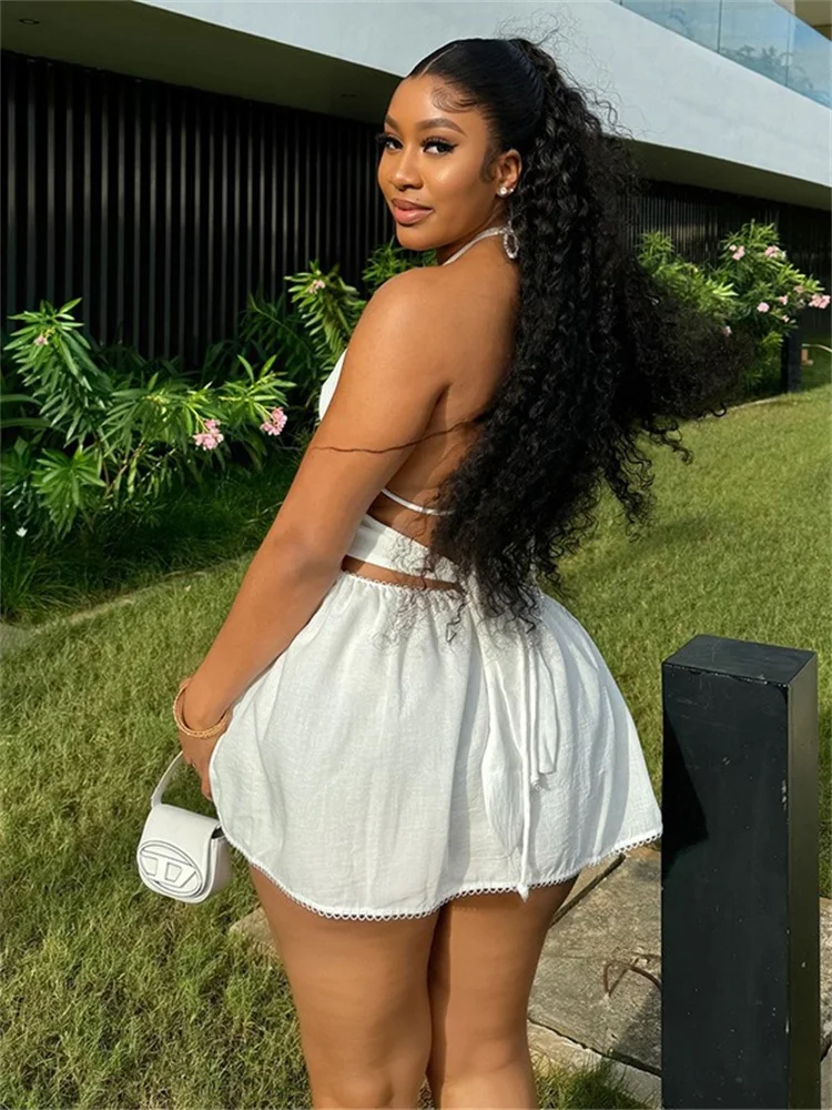 Wmstar Dresses Women Elegant V Neck Slip Sweet Mini Halter Dress Hollow Out Fahion New in Summer Clothes Wholesale Dropshipping