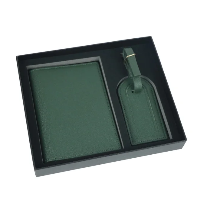 Saffiano Travel Duo: Minimalist Passport and Ticket Holder with Luggage Tag in Gift Box Set
