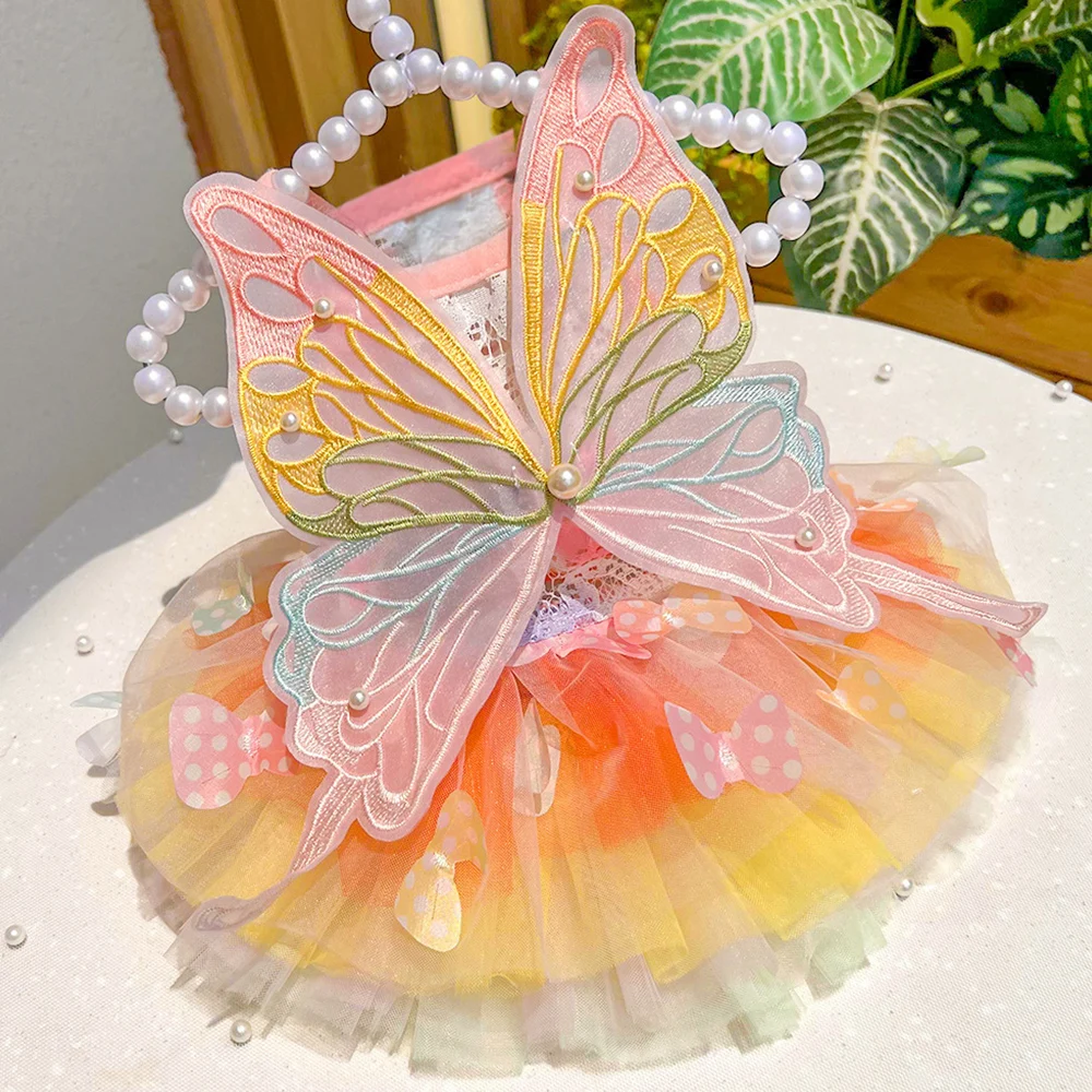 Dog Cat Butterfly Princess Dress Clothes Mesh Lace Pearl Puppy Wedding Skirt For York Chihuahua Poodle Small Dog pet dress pet dog clothes