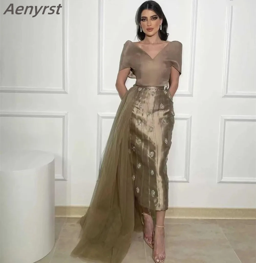 

Aenyrst V Neck Organza Prom Gowns Luxury A-line Tea-Length Evening Dresses Saudi Arabia Formal Party Gown فاف فستان حفلات الزفاف