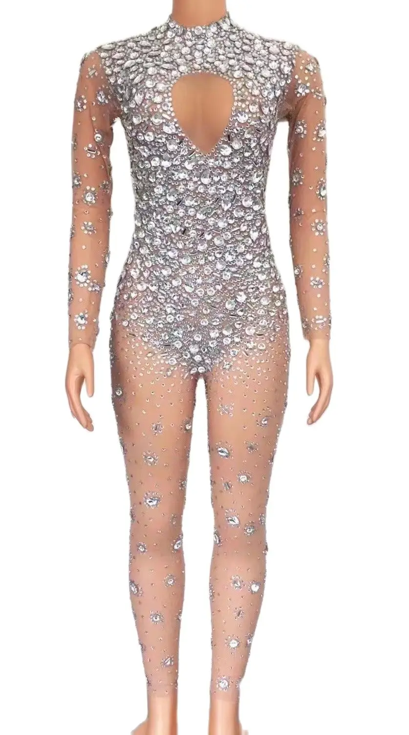

Sparkly Silver Crystals Transparent Long Sleeves Jumpsuit Birthday Celebrate Costume Women Dance Prom Party Clothes