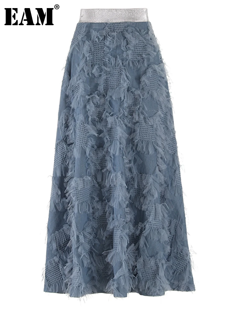 

[EAM] Women Light Blue Denim Mesh Patch Elegant A-line Half-body Skirt High Waist Fashion New Spring Autumn 2024 1DF9491