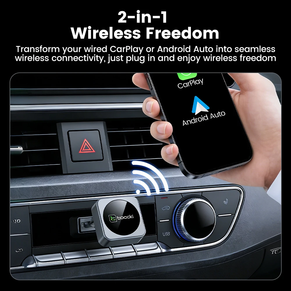 Toocki Wireless CarPlay & Android Auto Adapter with Dual-Band WiFi and Bluetooth Connectivity for Effortless In-Car Integration