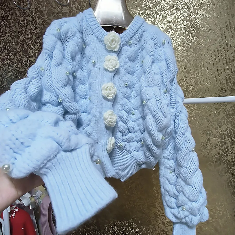 

Жемчужный утепленный плотный кардиган с крючком и цветами, кружевное пальто