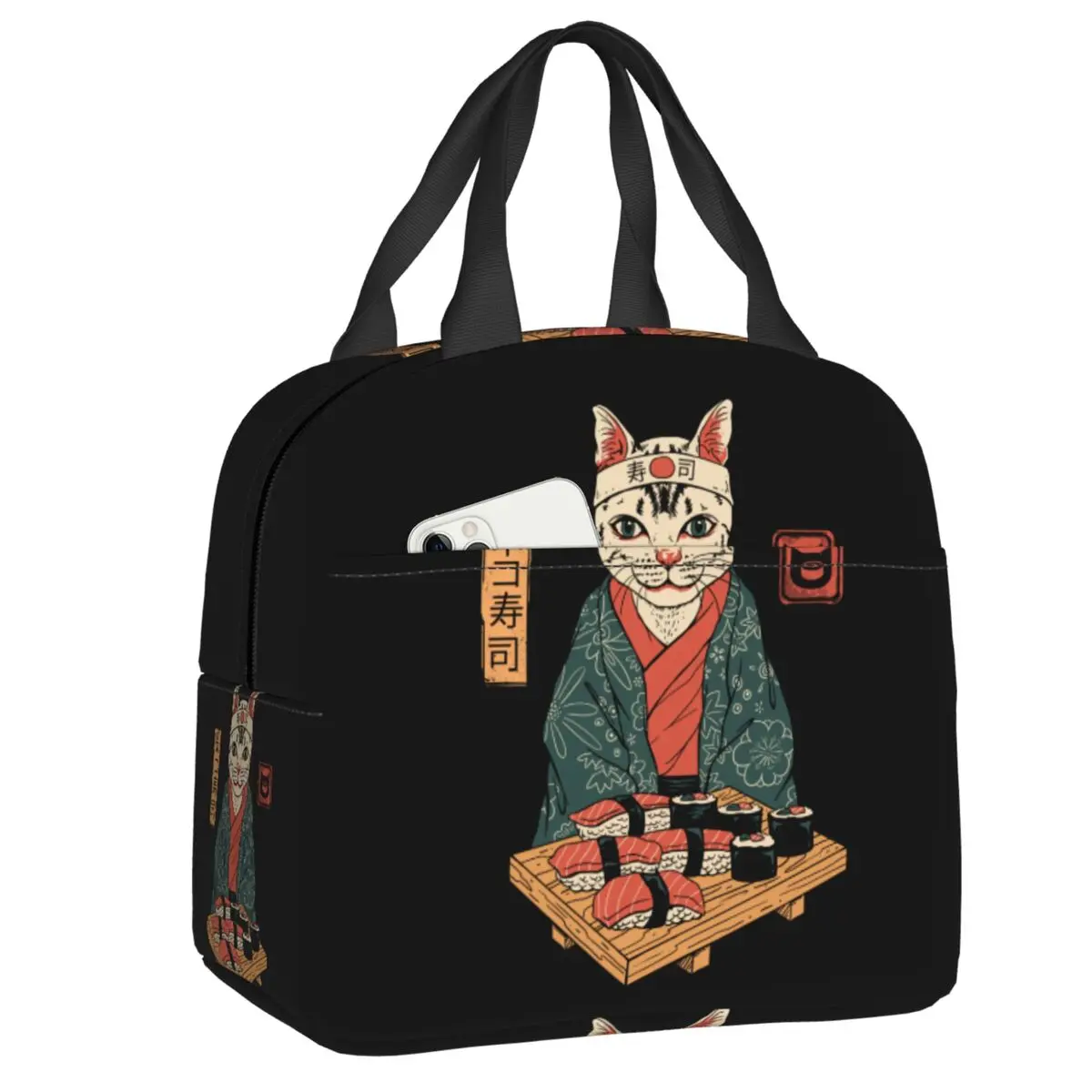 

Japanese Samurai Cat Thermal Insulated Lunch Bag Japan Sushi Neko Pet Portable Lunch Box for Women Children School Food Bags