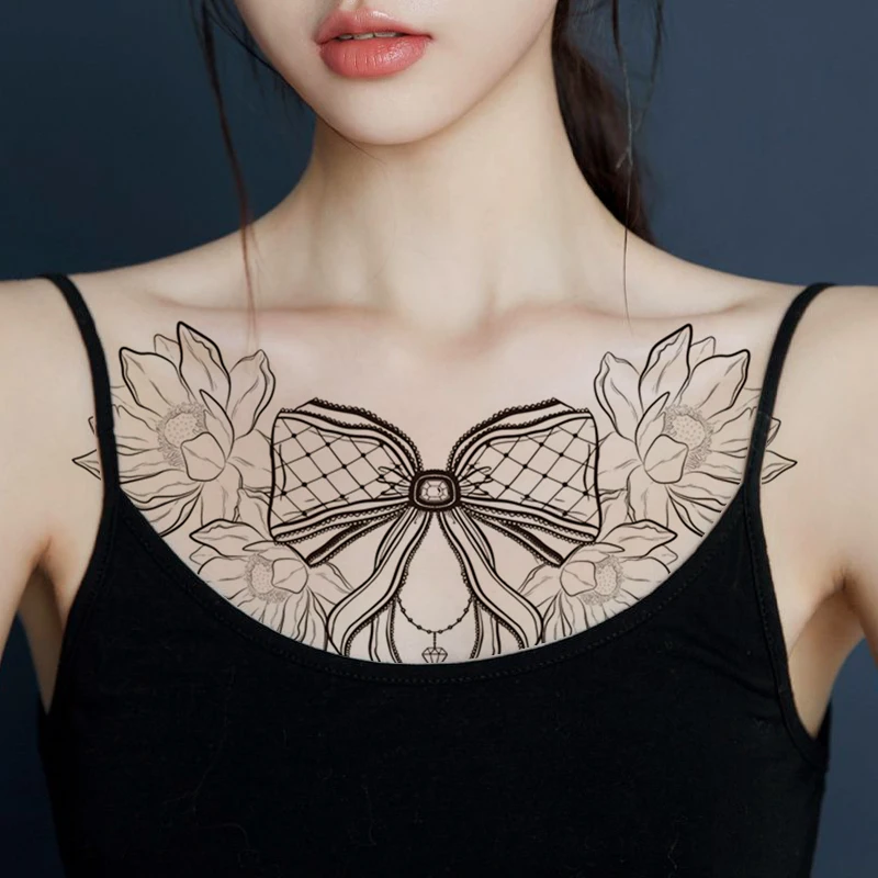 

Temporary Tattoo Sticker Black White Jewelry Bow Flowers Cute Sexy Chest Fake Tatoo Waterproof Flash Tatto Art for Woman Girl