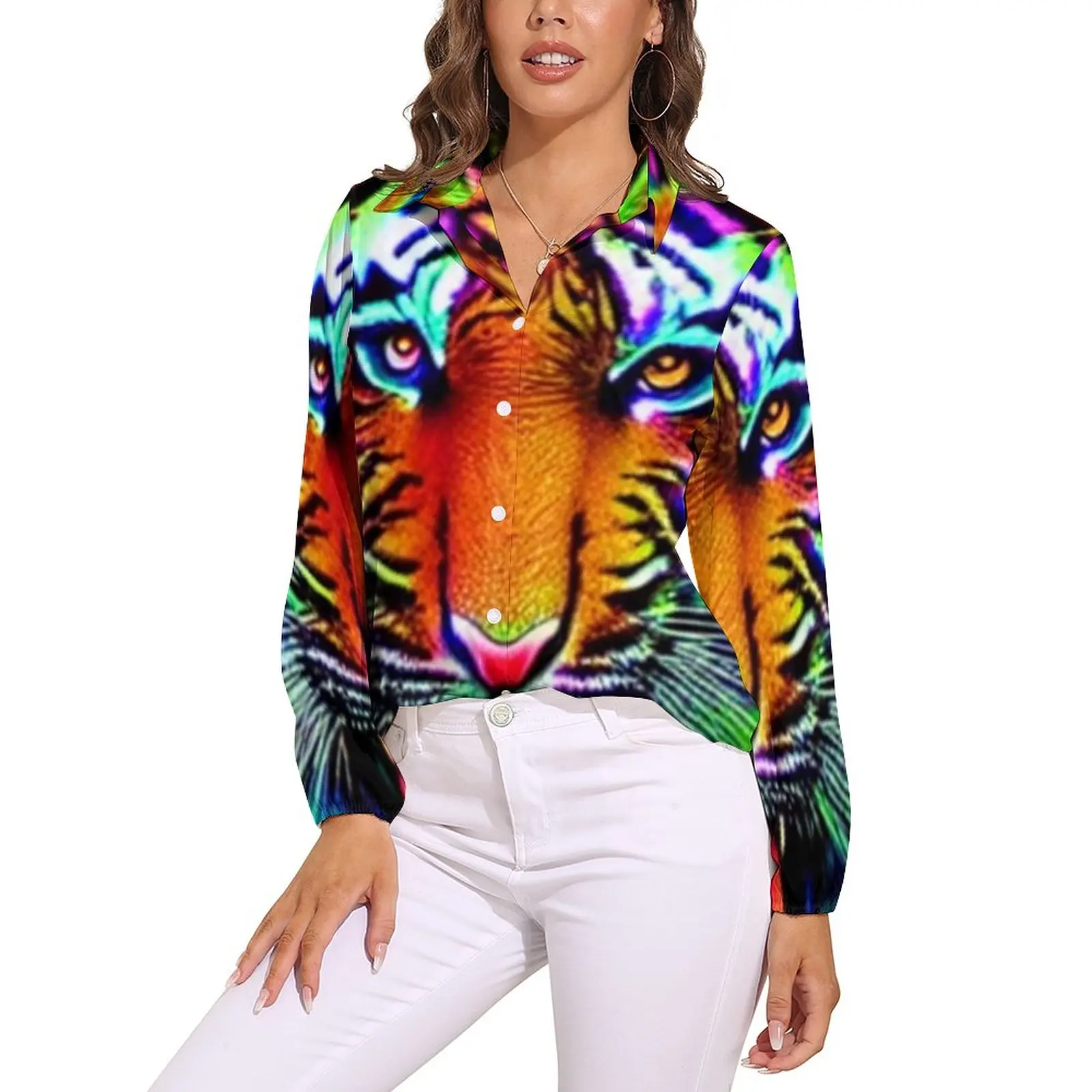

Tie Dye Tiger Blouse Colorful Animal Vintage Custom Blouses Female Long-Sleeve Street Fashion Shirt Summer Oversized Clothes