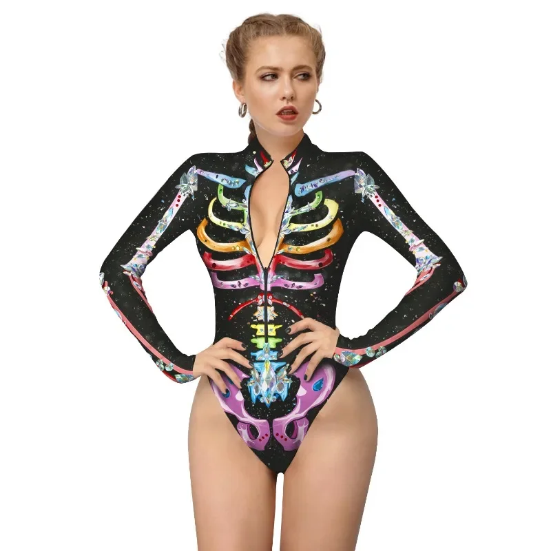 VIP FASHION Women Scary Skeleton Ghost Punk Print Halloween Long Sleeve Zentai Bodysuit Catsuit Sexy Swimsuits Cosplay Costumes