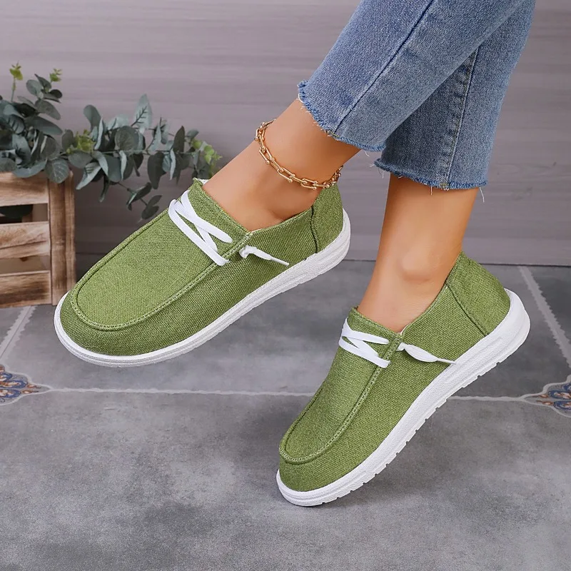 

2024 Осенняя модная женская парусиновая обувь, новинка, однотонные дышащие кроссовки на шнуровке, повседневная женская обувь на плоской подошве с круглым носком