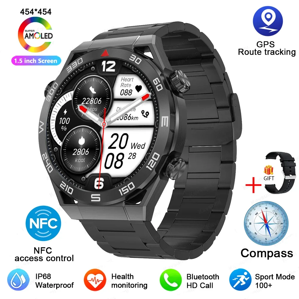 

New NFC Smart Watch Men AMOLED 454*454 HD ScreenGPS Tracker Heart Rate ECG+PPG Bluetooth Call Smartwatches for IOS Android 2024