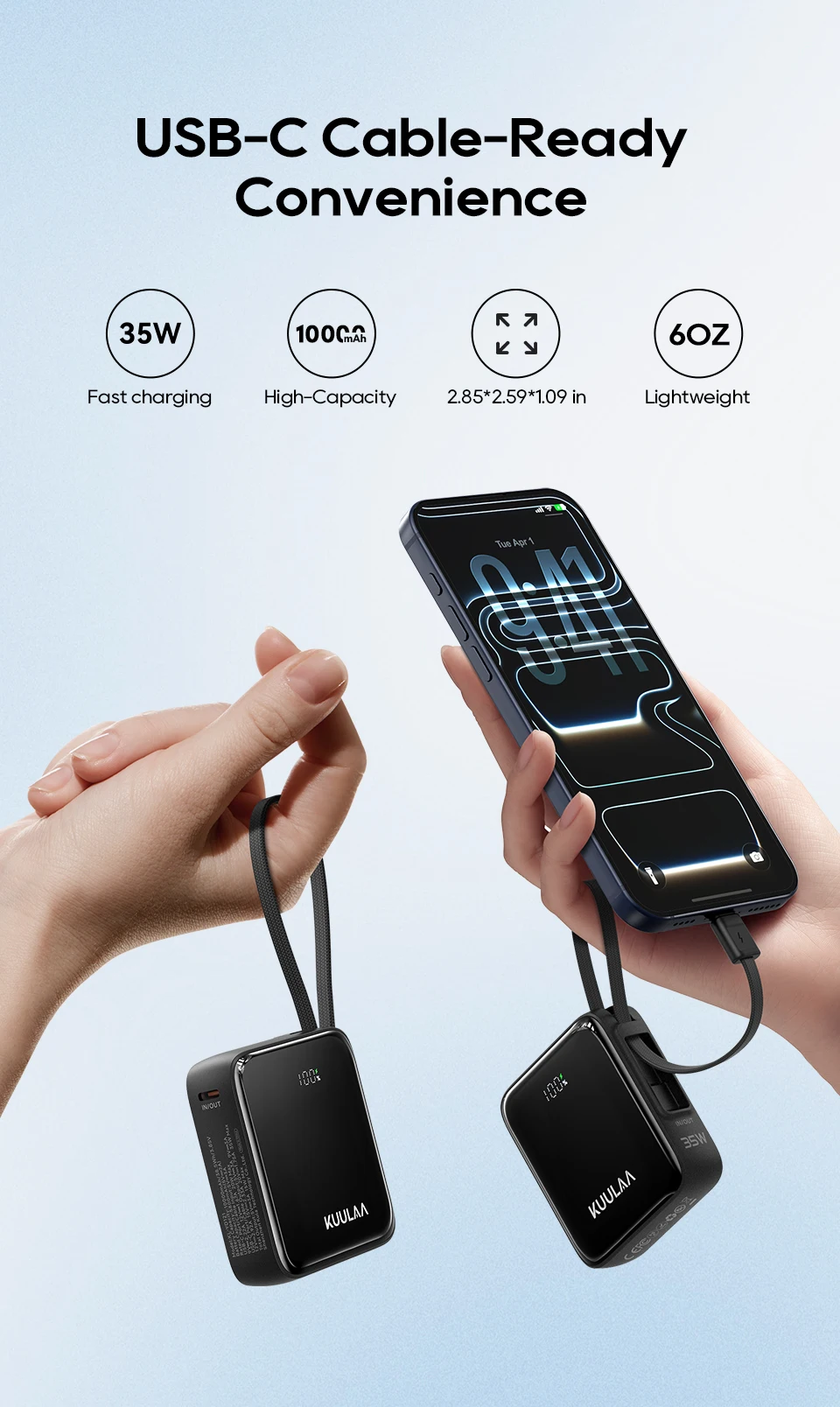 Kuulaa 10000mAh Power Bank with Built-In USB-C Cable 35W