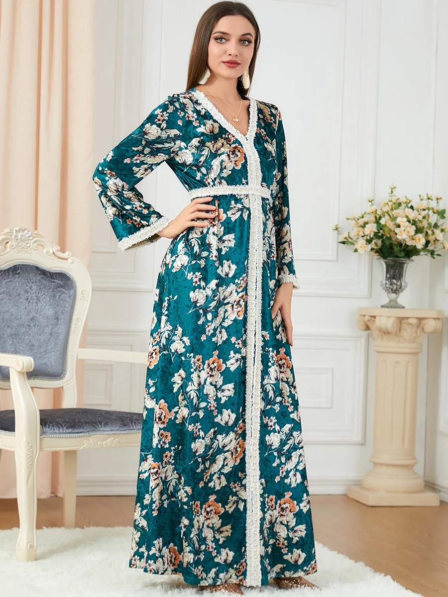 

Morocco Party Dress Women Winter Velvet Muslim Abaya Elegant Floral Print Maxi Long Dresses Kaftan V Neck Belted Vestidos Autumn