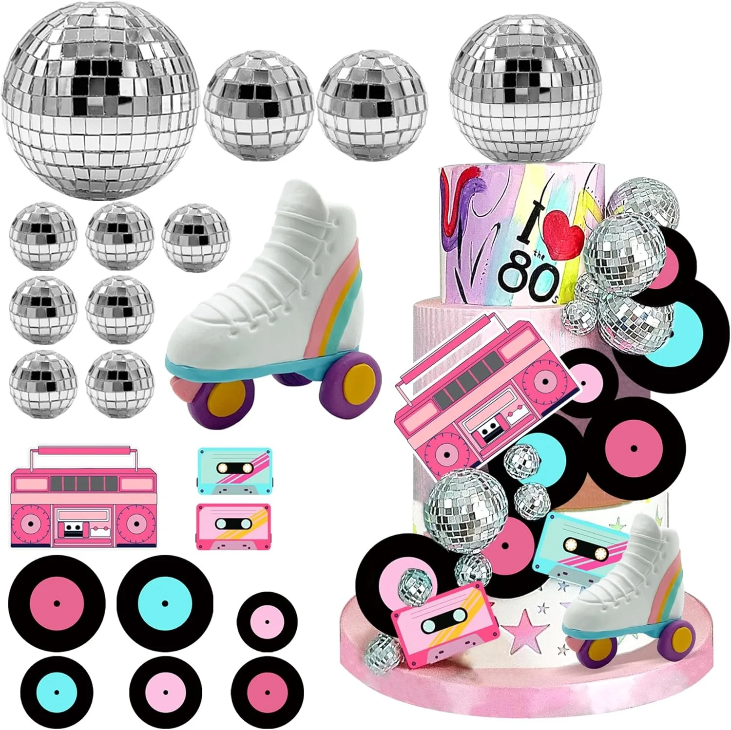 20 Stück Rollschuh-Kuchenaufsatz, Disco-Ball-Kuchenaufsatz, Retro-Hip-Hop-Thema, Party-Kuchendekoration für Jungen oder Mädchen, 80er- und 90er-Jahre-Schlitten