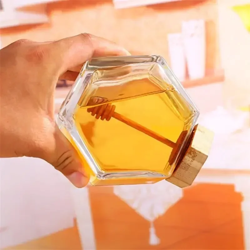 100ml 220ml 380ml Honey Jar with Lid and Spoon Hexagonal Glass Bottle Wooden Stirring Rod Jam Container Kitchen Home Storage