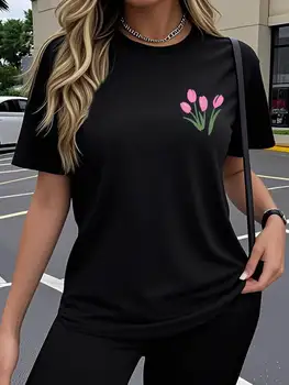 Tulip Design Creative Fun Popular Printed Patterns Harajuku Short Sleeve Casual T-shirt Clothing Street Tops Aesthetic Clothes 1