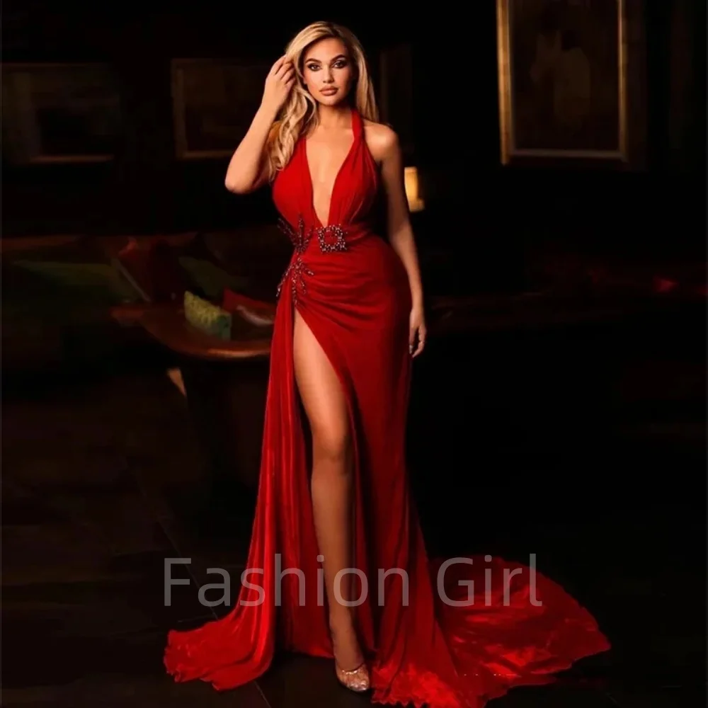 

Sexy Deep V-neck Red Backless Beaded Crystal High Split Sleeveless Special Event Chapel Train Luxury Long Evening Dress Gown