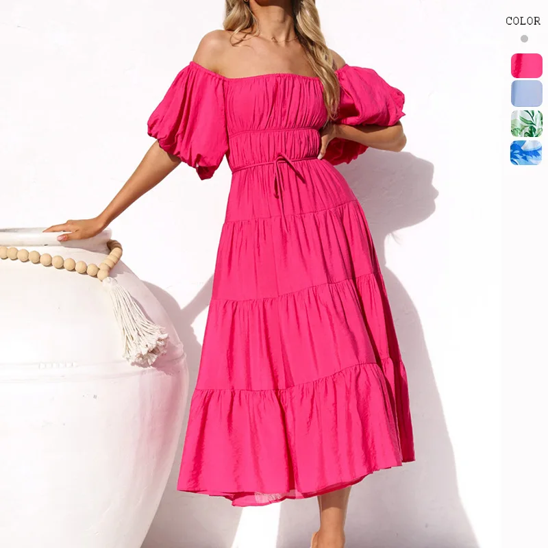 

HMR-Summer New Puff Sleeve Pleating High Waist Dress Women without Belt