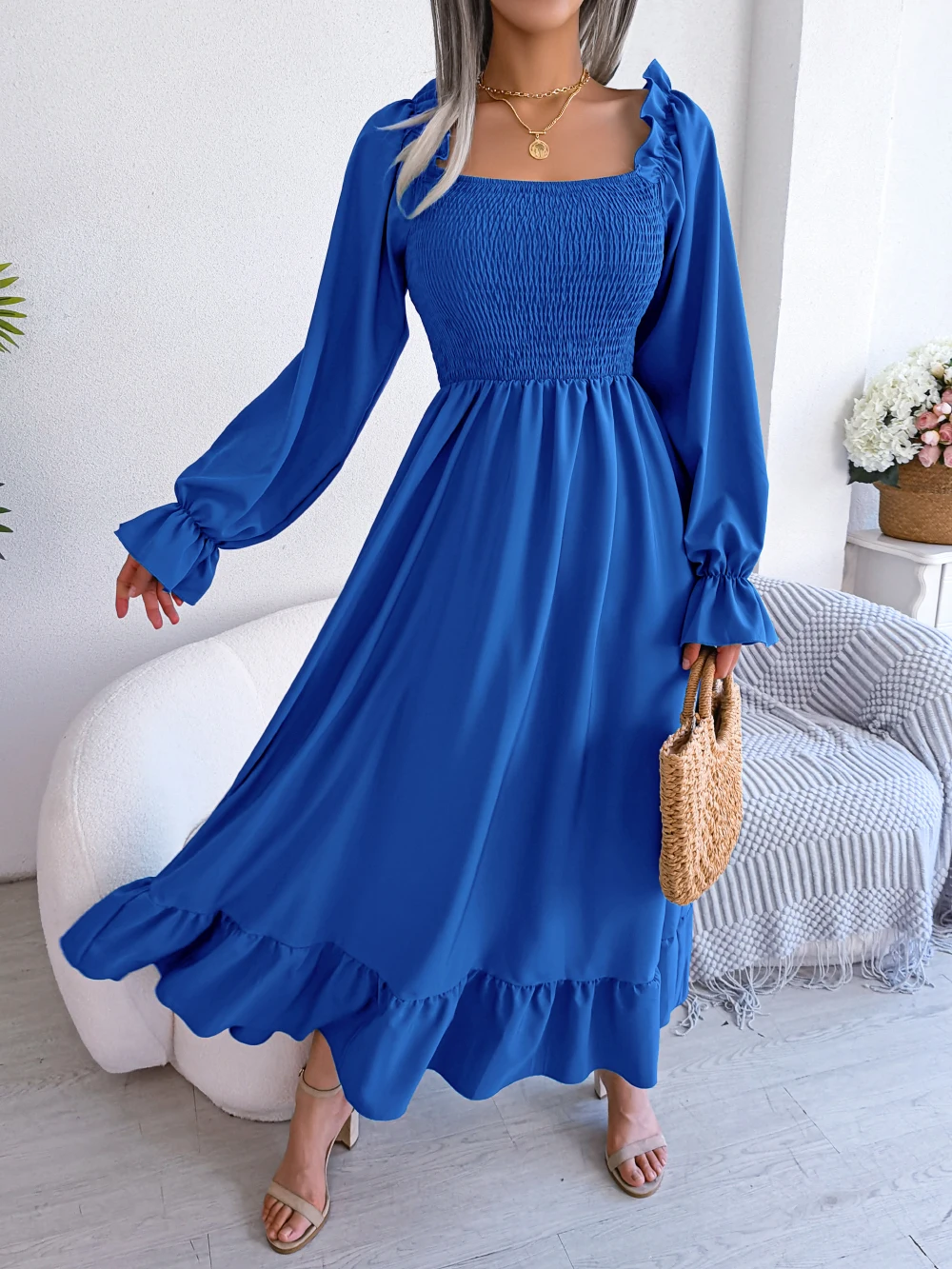 Autumn Casual Women Long Sleeve Ruffled Dress