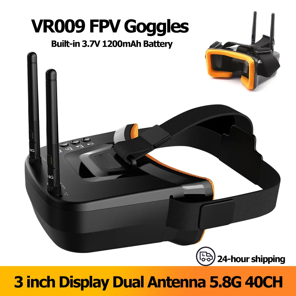 Écran des lunettes FPV VR009 5.8GHz 48CH avec DVR et batterie intégrée affichant une interface de vol.