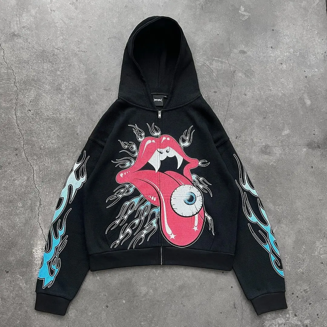 thumbnail image 1 of Ropa informal estilo Hip Hop Y2K, Sudadera con capucha y cremallera, sudadera de manga larga con patrón gótico, Sudadera con capucha súper grande Harajuku, 1 of 5