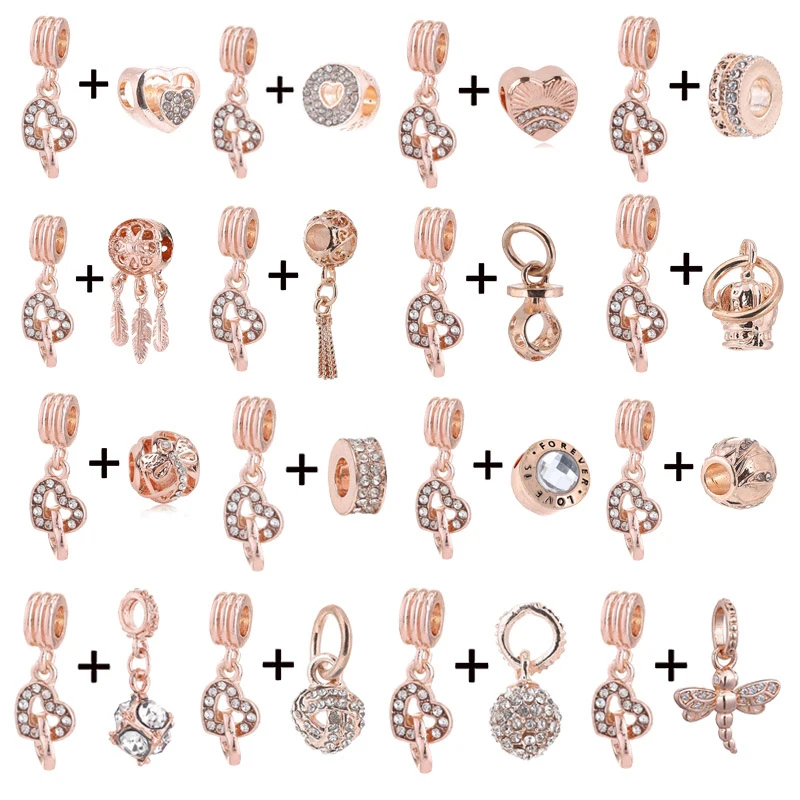 

2Pc/Lot 45 Styles Crystal Double Heart & Crown Rose Gold Charm Pendant Fit Fashion Brand Bracelet For Women Romanitc Gift Making