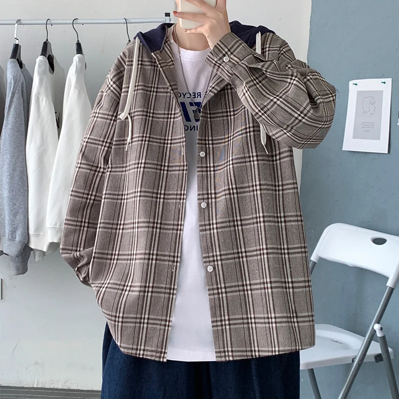 

Vintage Hooded Plaid Men Shirts Harajuku Fake Two Piece Oversized Men's Blouses All-match Long Sleeve Casual Shirts