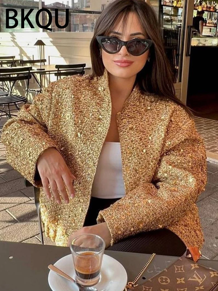 

BKUQ Fashion Stand Collar Sequin Jackets Women Elegant Gold Long Sleeve Pocket Single-breasted Loose Bomber Jacket Coats Luxury