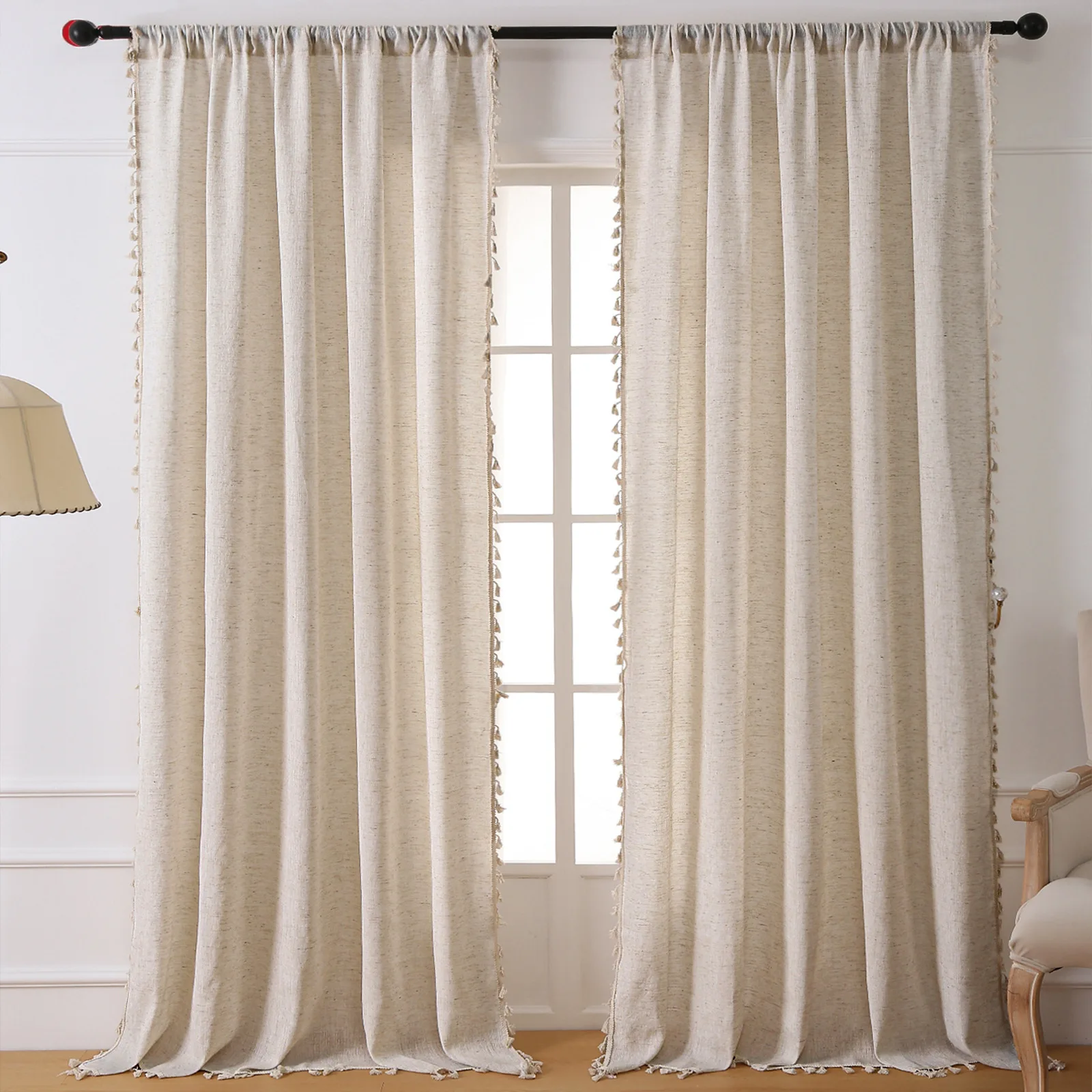 Solid Cotton Linen Tassel Window Curtain Semi-shading Vintage Drapes for Living Room Bedroom Kitchen Door Drapes Home Decoration