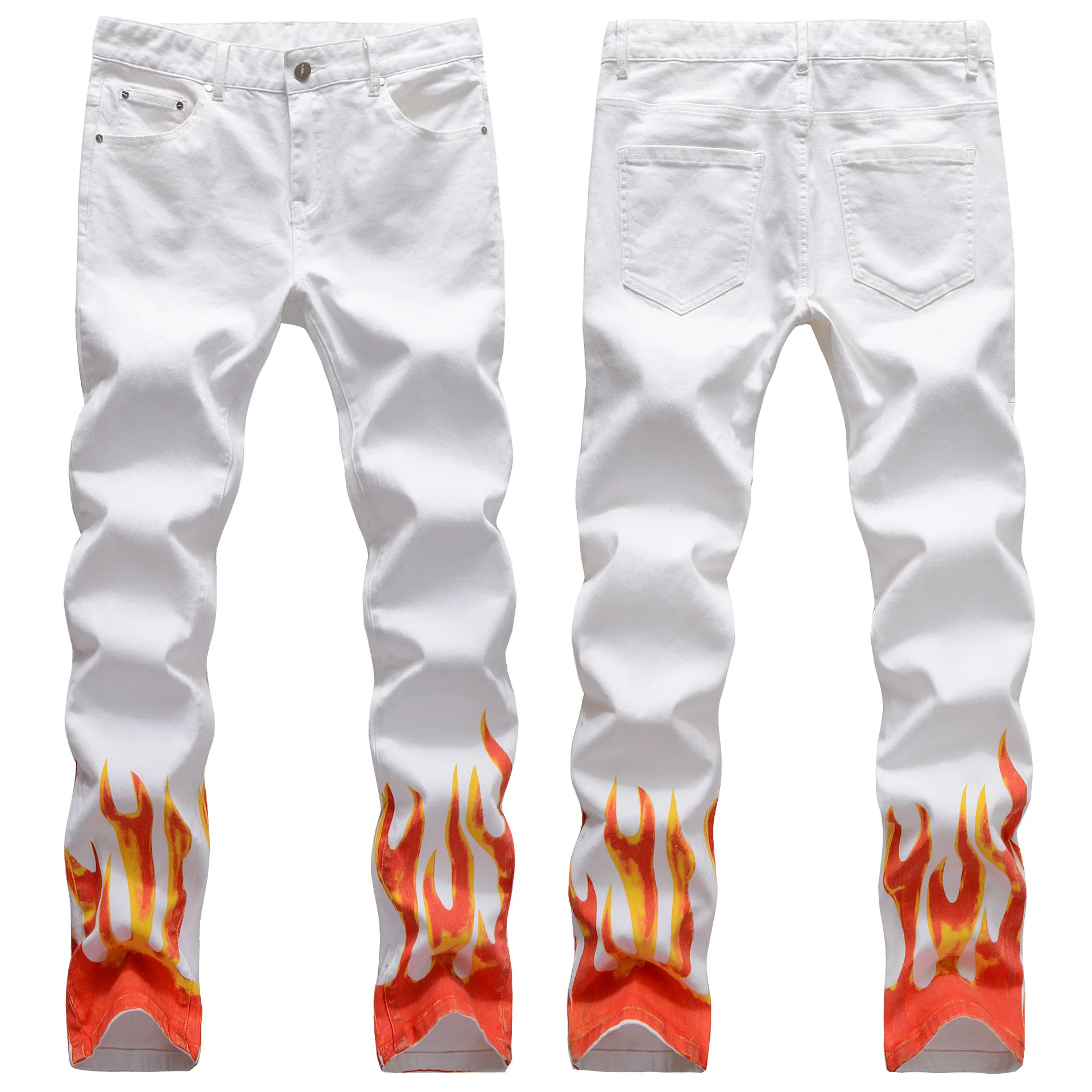 

European American High Street White Flame Graffiti Digital Printed Jeans Hip Hop Slim Fit Small Feet Small Straight Jeans Men