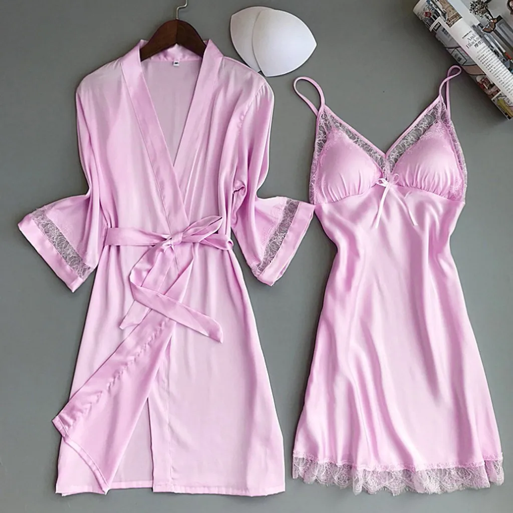 2 Piece Set Pajamas Women Silk Robe Kimono Lace Trim Night Dress Bridesmaid Satin Sexy Lingerie Summer Bathrobe Sleepwear 20Jan 2