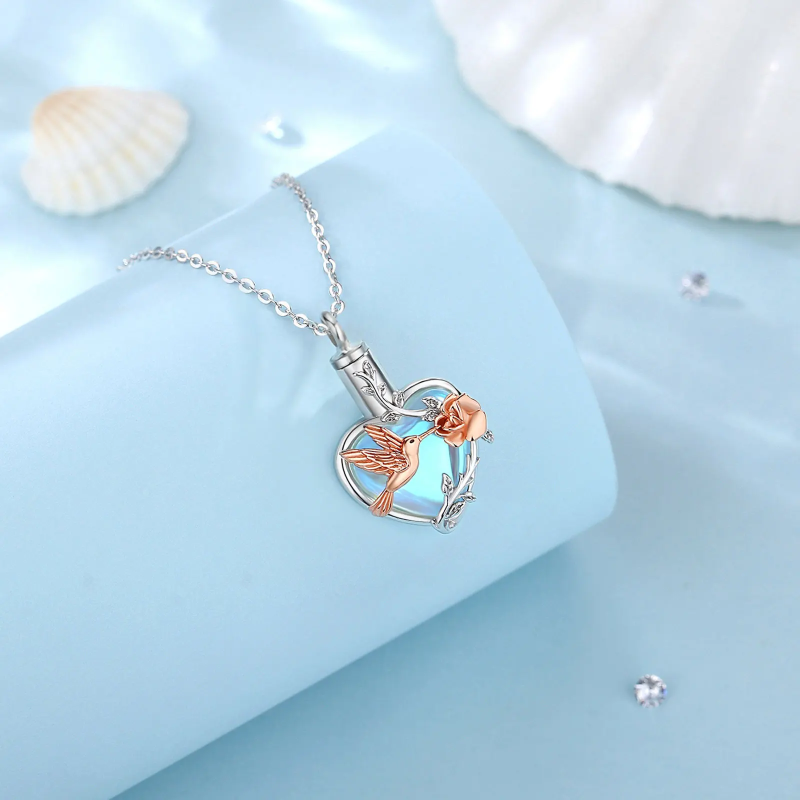 925 Sterling Silver Hummingbird Rose Ashes Urn Pendant Necklace Tree of Life Moonstone Cremation Urn Memorial Jewelry