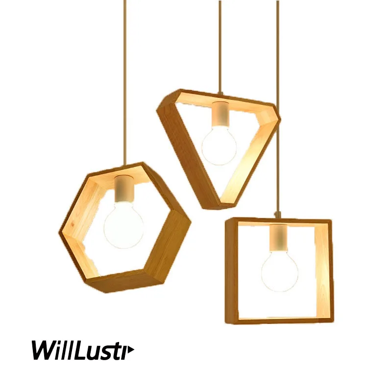 

Creative Geometric Pendant Lamp Solid Wood Suspension Light Hotel Cafe Bar Dining Room Shop Wooden Hanging Ceiling Chandelier