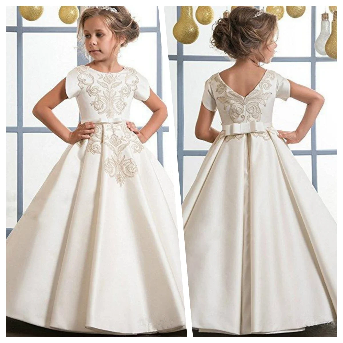 

Beautiful Gold Embroidery Kids Flower Girl Dresses For Wedding O Neckline Elegant First Holy Communion Flower Girl Dresses