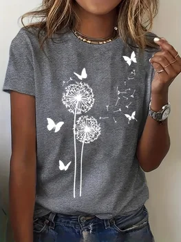 Relaxed Chic Women's Casual Dandelion and Butterfly Print T-Shirt Perfect for Summer Dandelion Pattern Fashionable for Women 1
