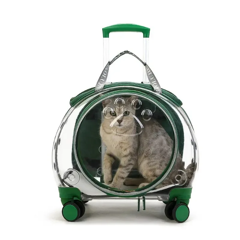 Pet Travel Trolley Case, Transparent Breathable Rolling Backpack Pet Carrier, 2 in 1 Wheeled Luggage Bag for Small Cats Dogs