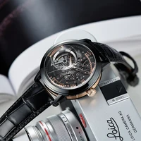 OBLVLO luxe rétro 45mm cadran squelette montres automatiques pour hommes bracelet en cuir de veau cristal minéral étanche montre mécanique VM 2
