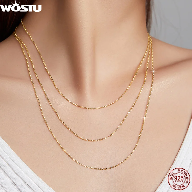 Silver Necklace WOSTU 925 Sterling Silver Plated Gold Simple Basic Clasp Chain For Women Wedding Party Fine Fashion Jewelry Gift Making
