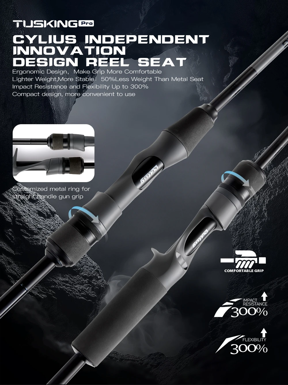 Cylius Tusking Pro Allzweck-Angelrute, leicht, fortschrittlich, aus Kohlefaser, ergonomischer Rollensitz, empfindliche Spitze, Spinn-Angelrute – Detail 14