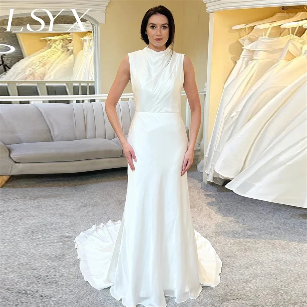 

Простое свадебное платье LSYX без рукавов с круглым вырезом, вырезами и юбкой-годе, 2023 открытое атласное Элегантное свадебное платье со шлейфом, индивидуальный пошив